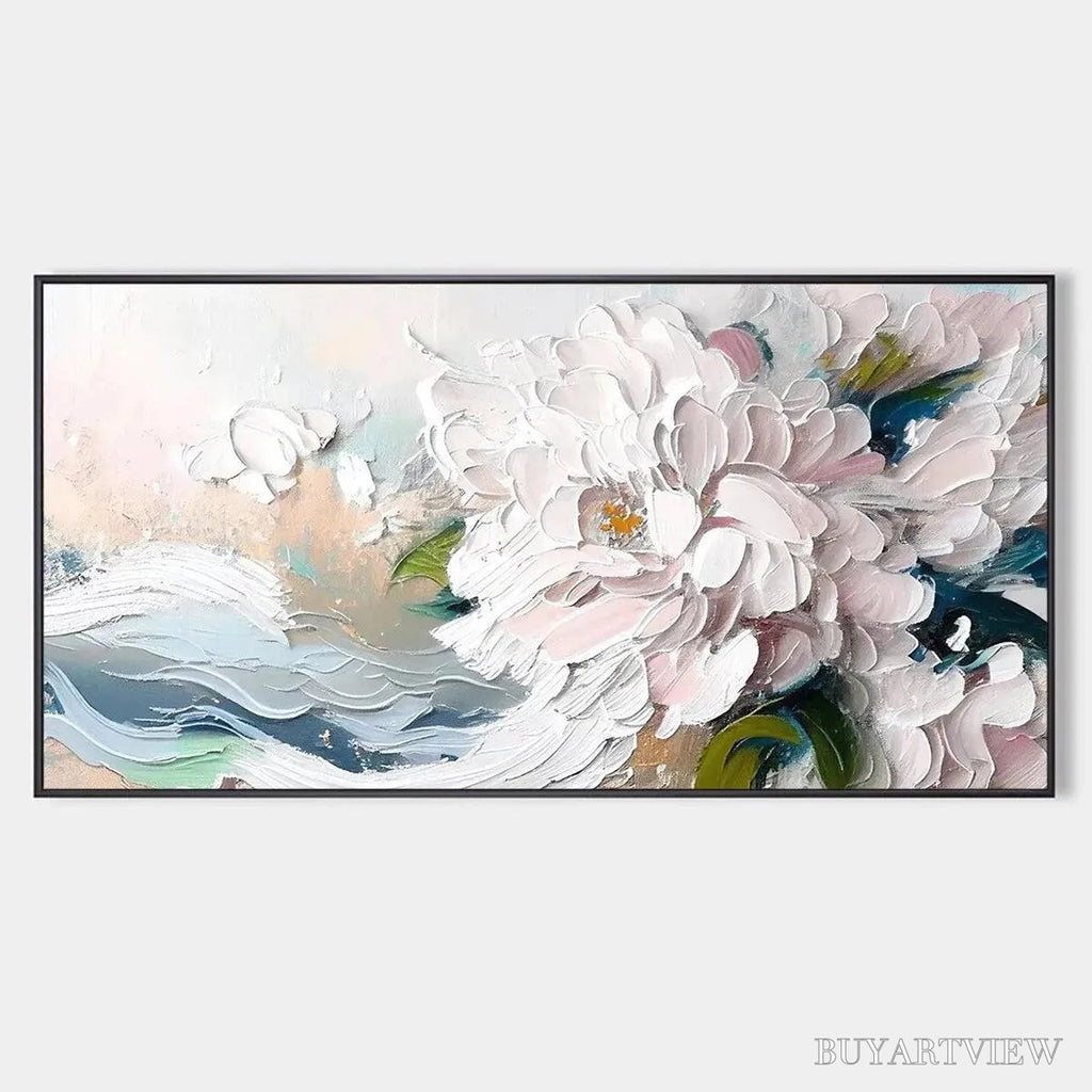 ARTOVITAS White Peony Dream – Textured Peony Painting, Impasto Floral , Panoramic Canvas, Romantic Decor - image 1