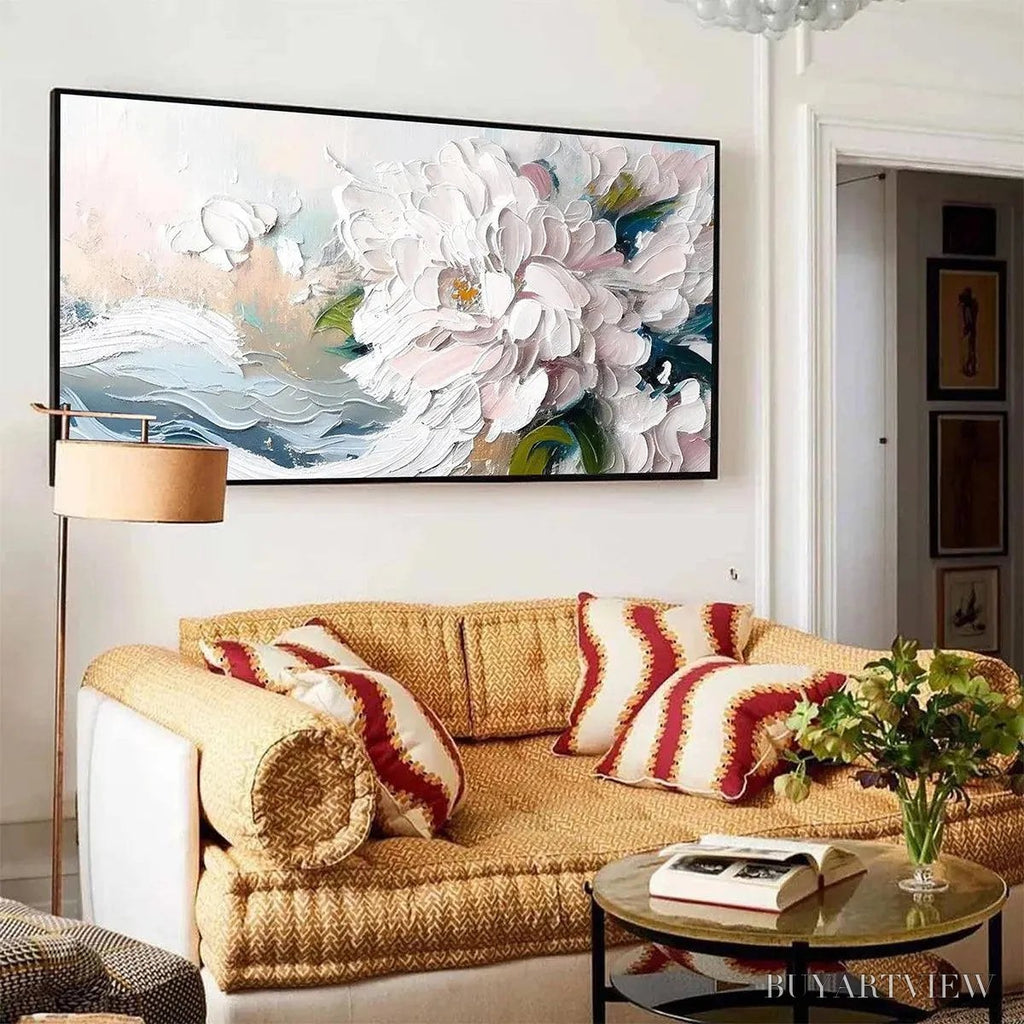 ARTOVITAS White Peony Dream – Textured Peony Painting, Impasto Floral , Panoramic Canvas, Romantic Decor - image 2