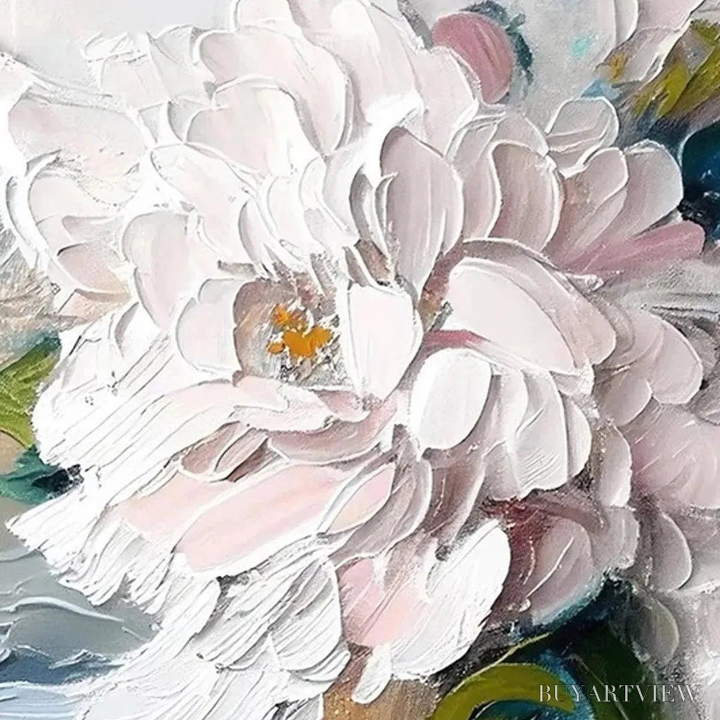 ARTOVITAS White Peony Dream – Textured Peony Painting, Impasto Floral , Panoramic Canvas, Romantic Decor - image 3