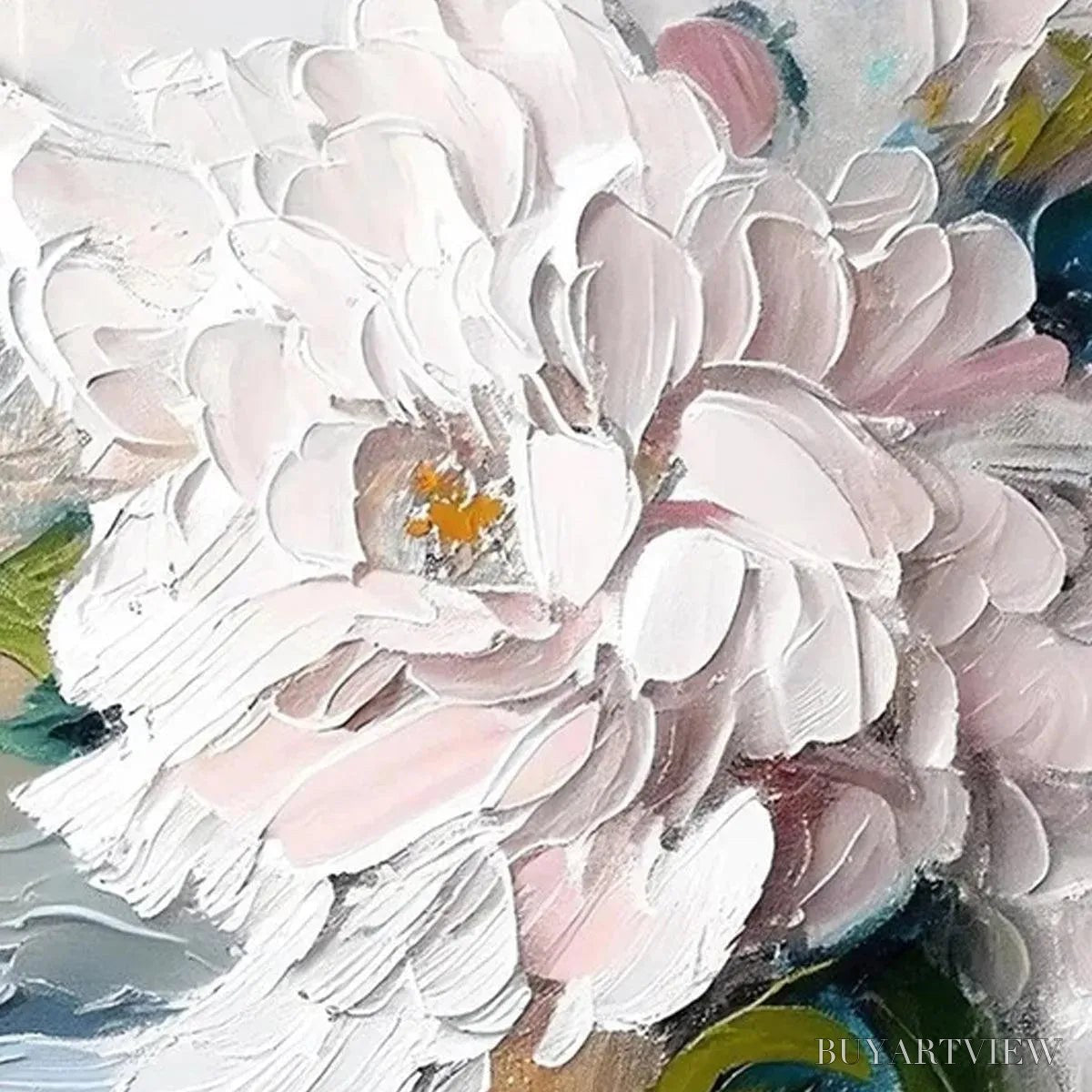 ARTOVITAS White Peony Dream – Textured Peony Painting, Impasto Floral , Panoramic Canvas, Romantic Decor - image 3