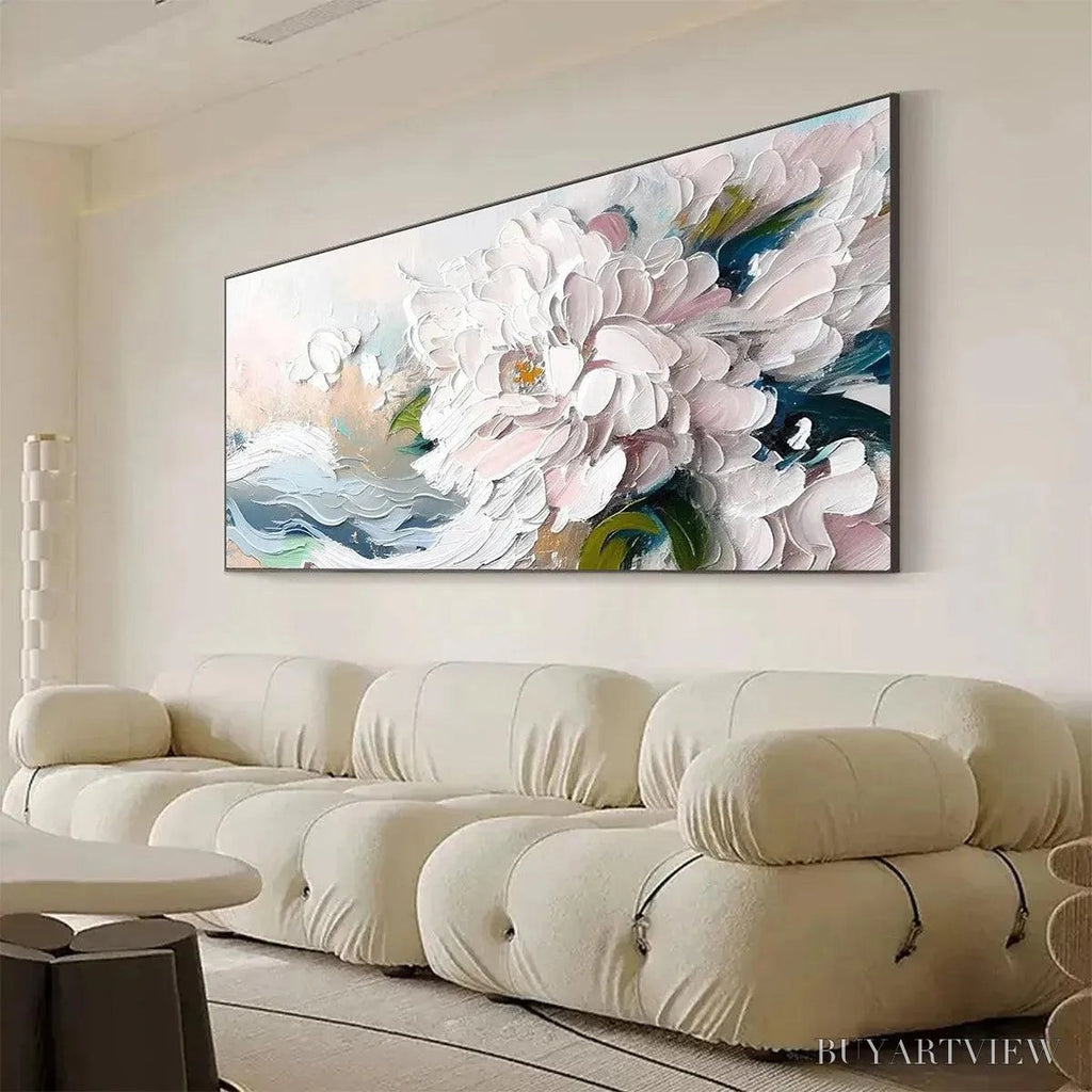 ARTOVITAS White Peony Dream – Textured Peony Painting, Impasto Floral , Panoramic Canvas, Romantic Decor - image 4