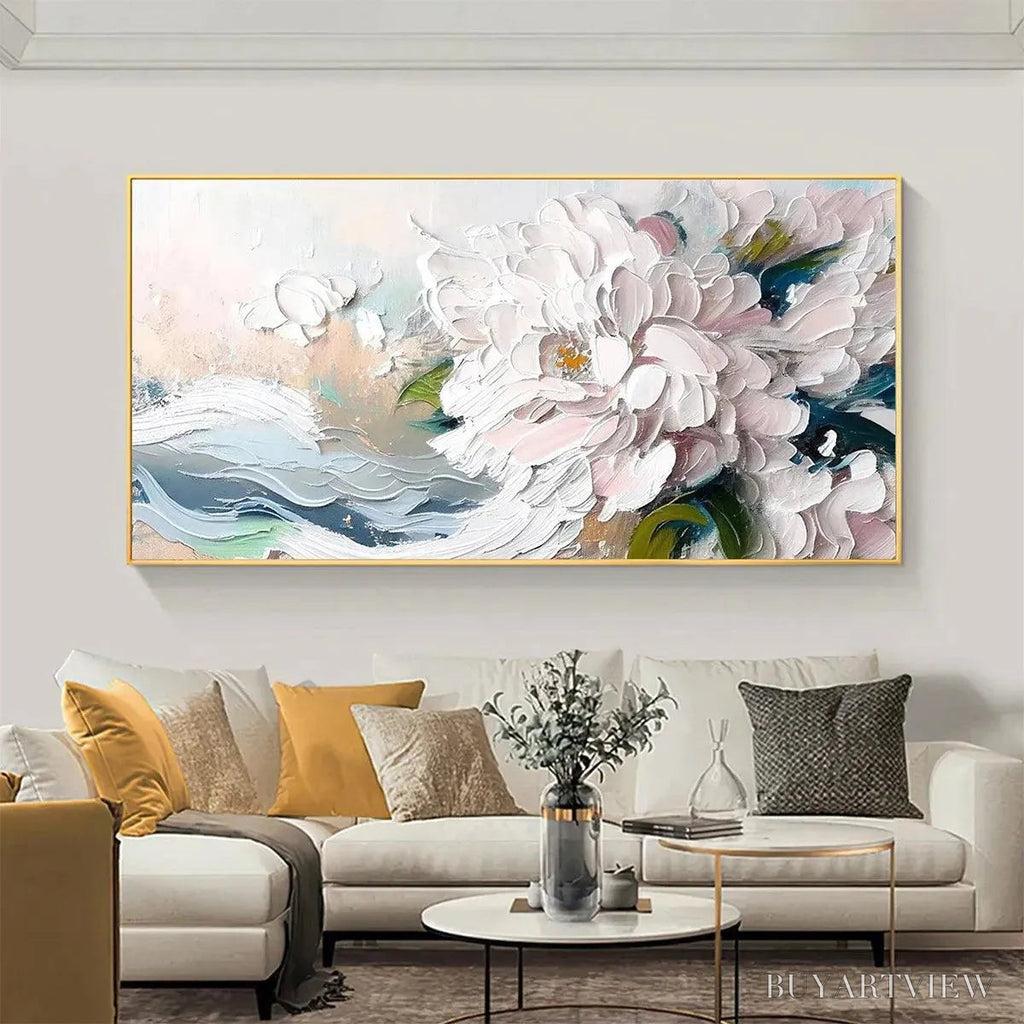 ARTOVITAS White Peony Dream – Textured Peony Painting, Impasto Floral , Panoramic Canvas, Romantic Decor - image 5