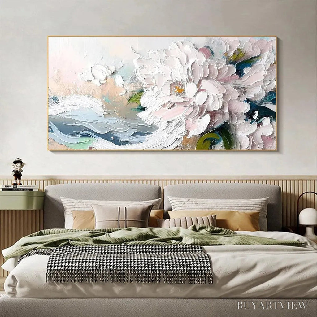 ARTOVITAS White Peony Dream – Textured Peony Painting, Impasto Floral , Panoramic Canvas, Romantic Decor - image 6