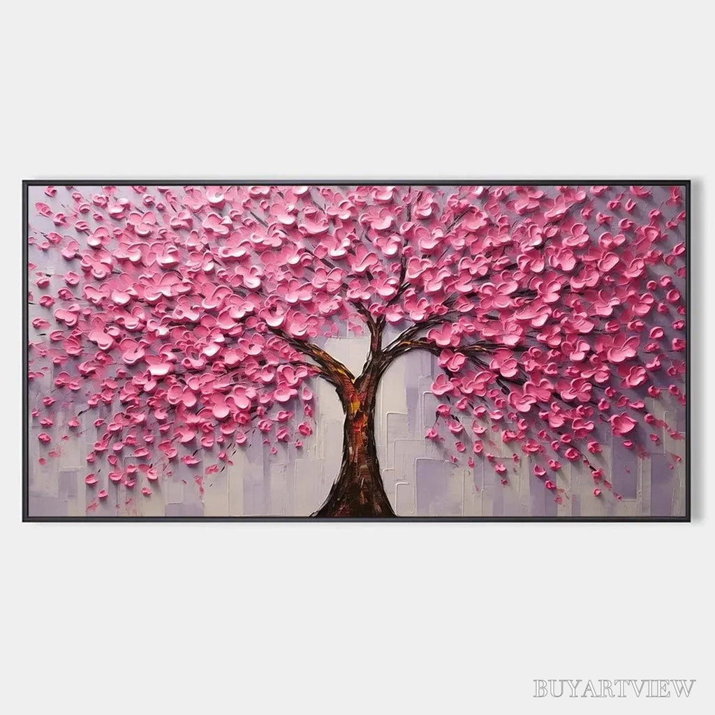 ARTOVITAS Pink Blossom Abundance – Textured Impasto Cherry Blossom Tree Painting, Horizontal - image 1