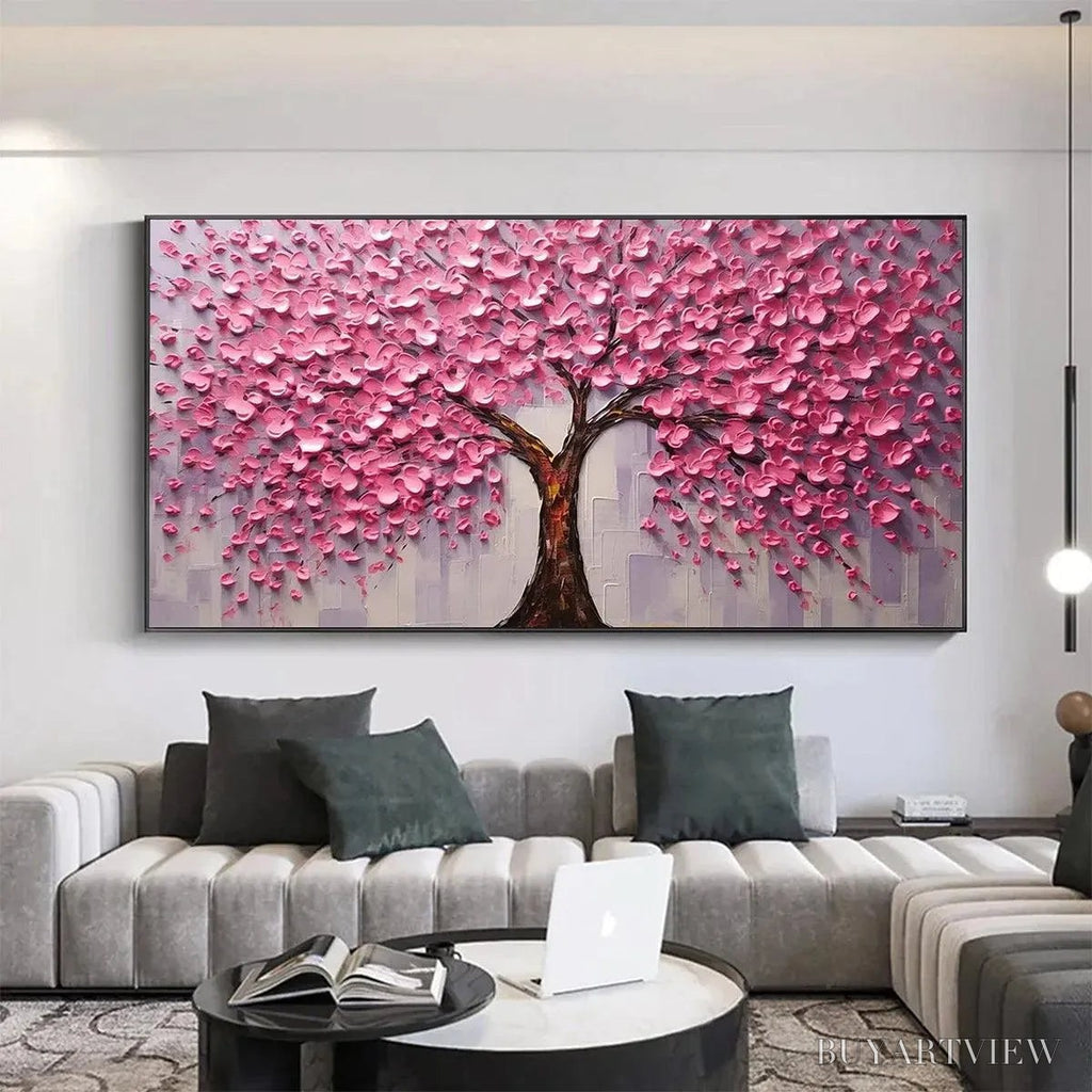 ARTOVITAS Pink Blossom Abundance – Textured Impasto Cherry Blossom Tree Painting, Horizontal - image 2