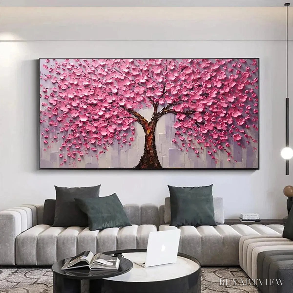 ARTOVITAS Pink Blossom Abundance – Textured Impasto Cherry Blossom Tree Painting, Horizontal - image 2
