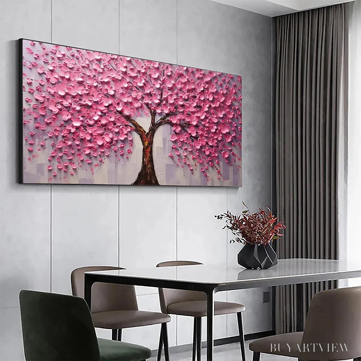 ARTOVITAS Pink Blossom Abundance – Textured Impasto Cherry Blossom Tree Painting, Horizontal - image 4