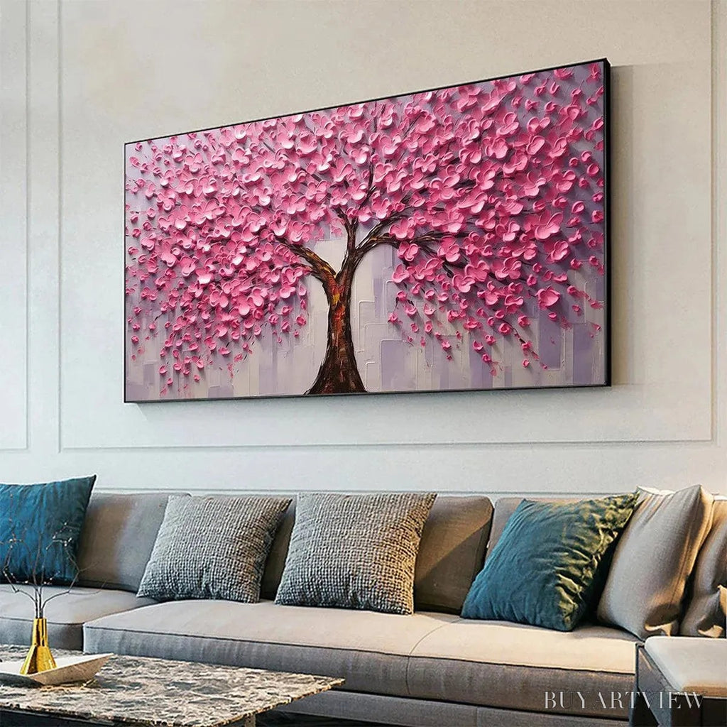 ARTOVITAS Pink Blossom Abundance – Textured Impasto Cherry Blossom Tree Painting, Horizontal - image 5