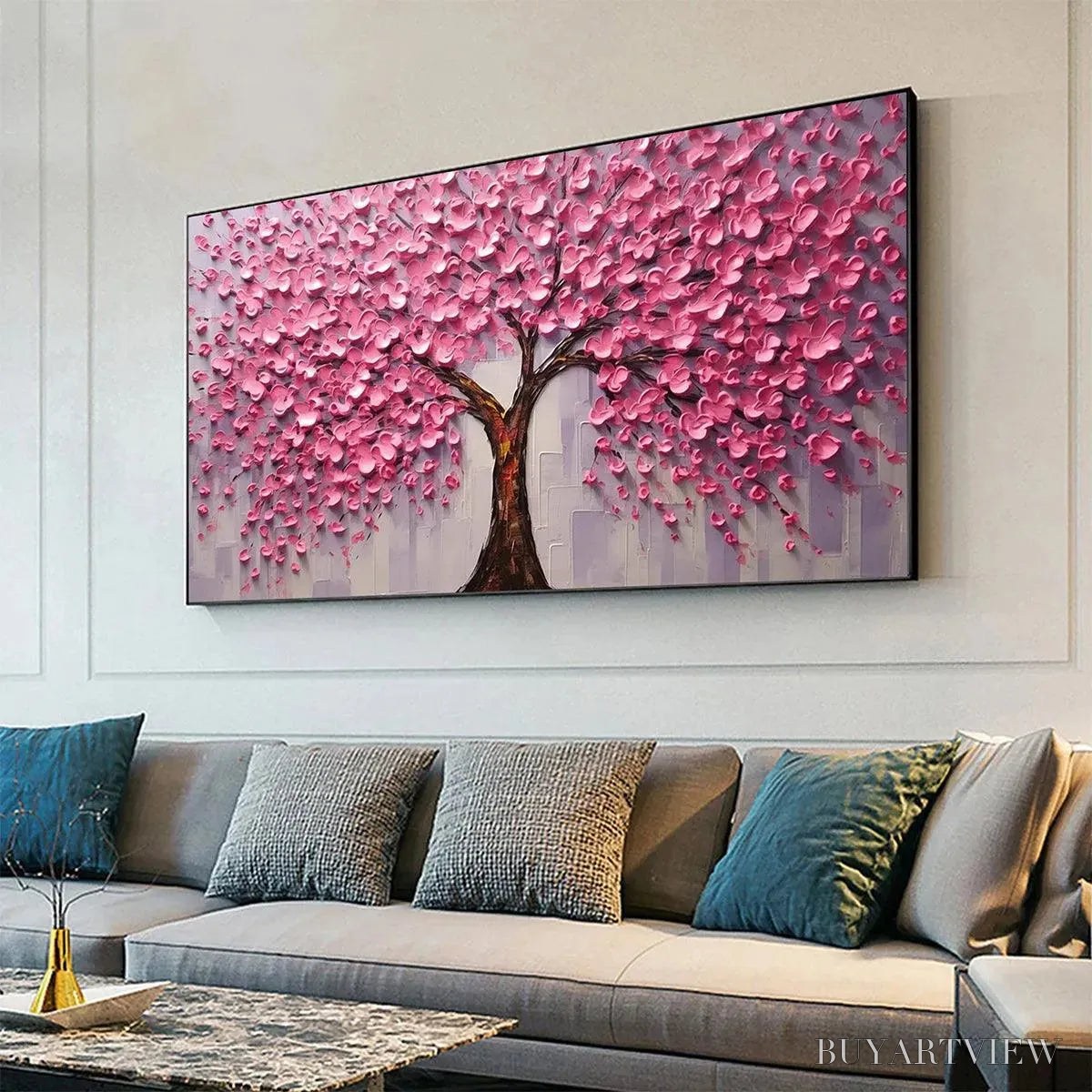 ARTOVITAS Pink Blossom Abundance – Textured Impasto Cherry Blossom Tree Painting, Horizontal - image 5