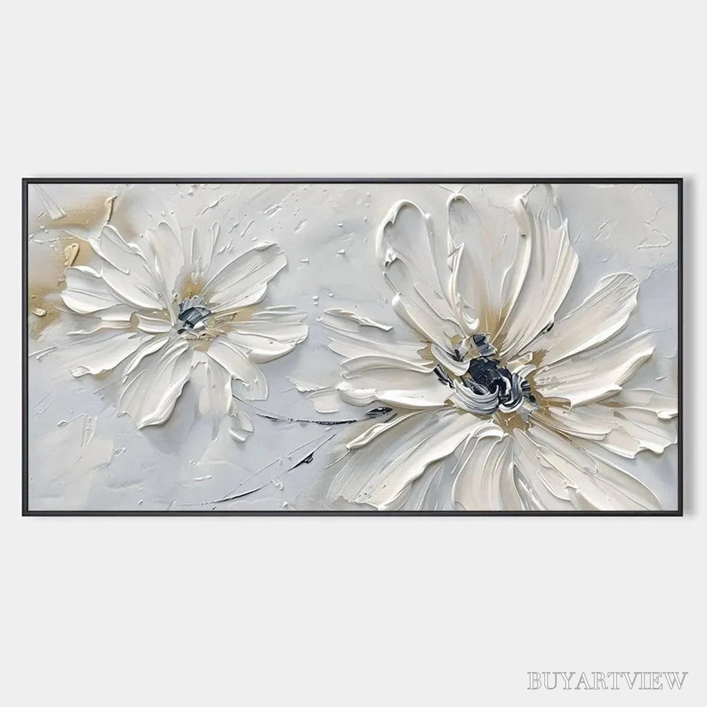 ARTOVITAS White Blossom Serenity – Textured White Floral Painting, Horizontal - image 1