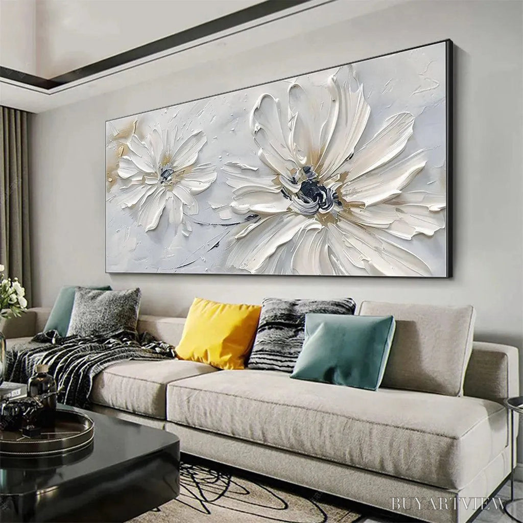 ARTOVITAS White Blossom Serenity – Textured White Floral Painting, Horizontal - image 5