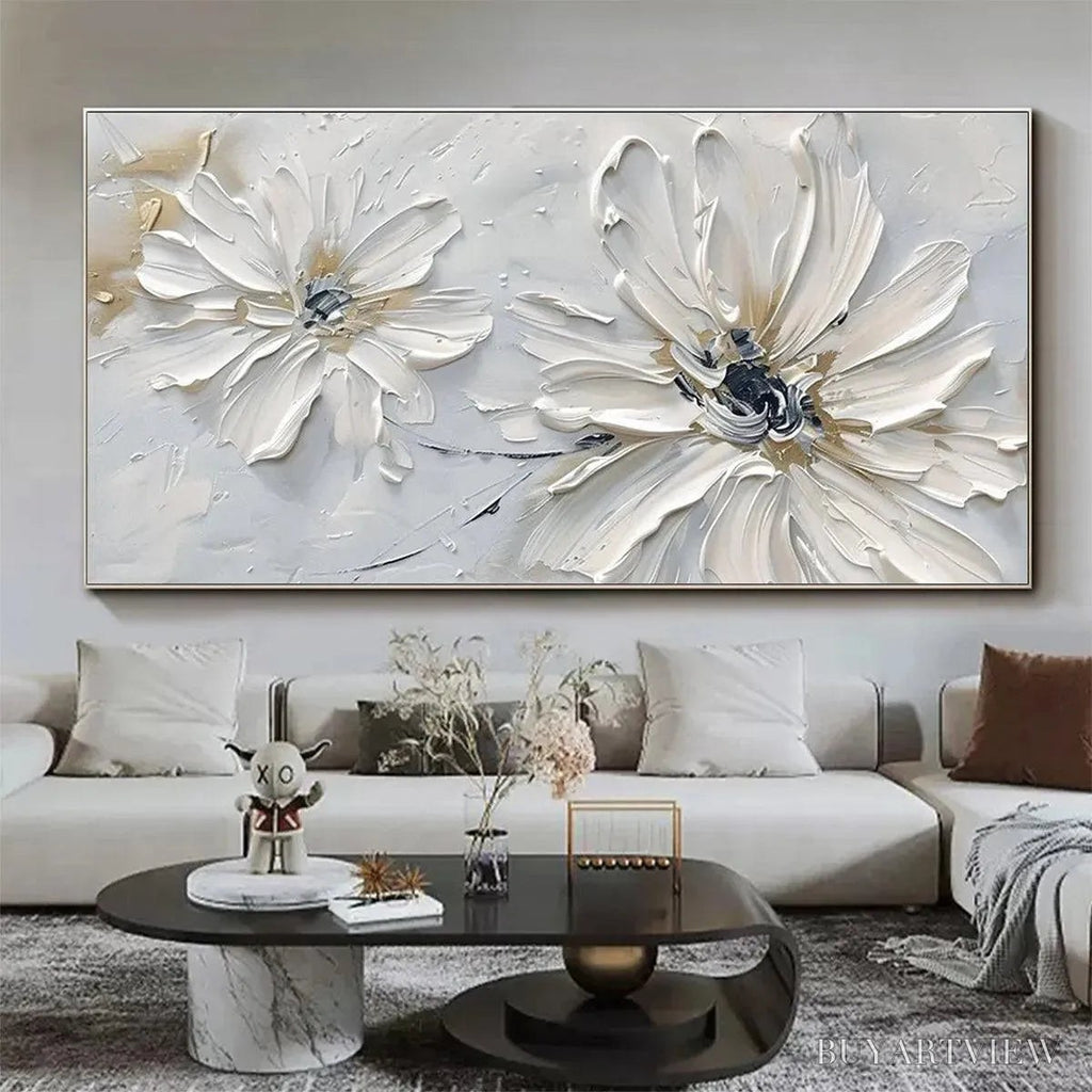 ARTOVITAS White Blossom Serenity – Textured White Floral Painting, Horizontal - image 6