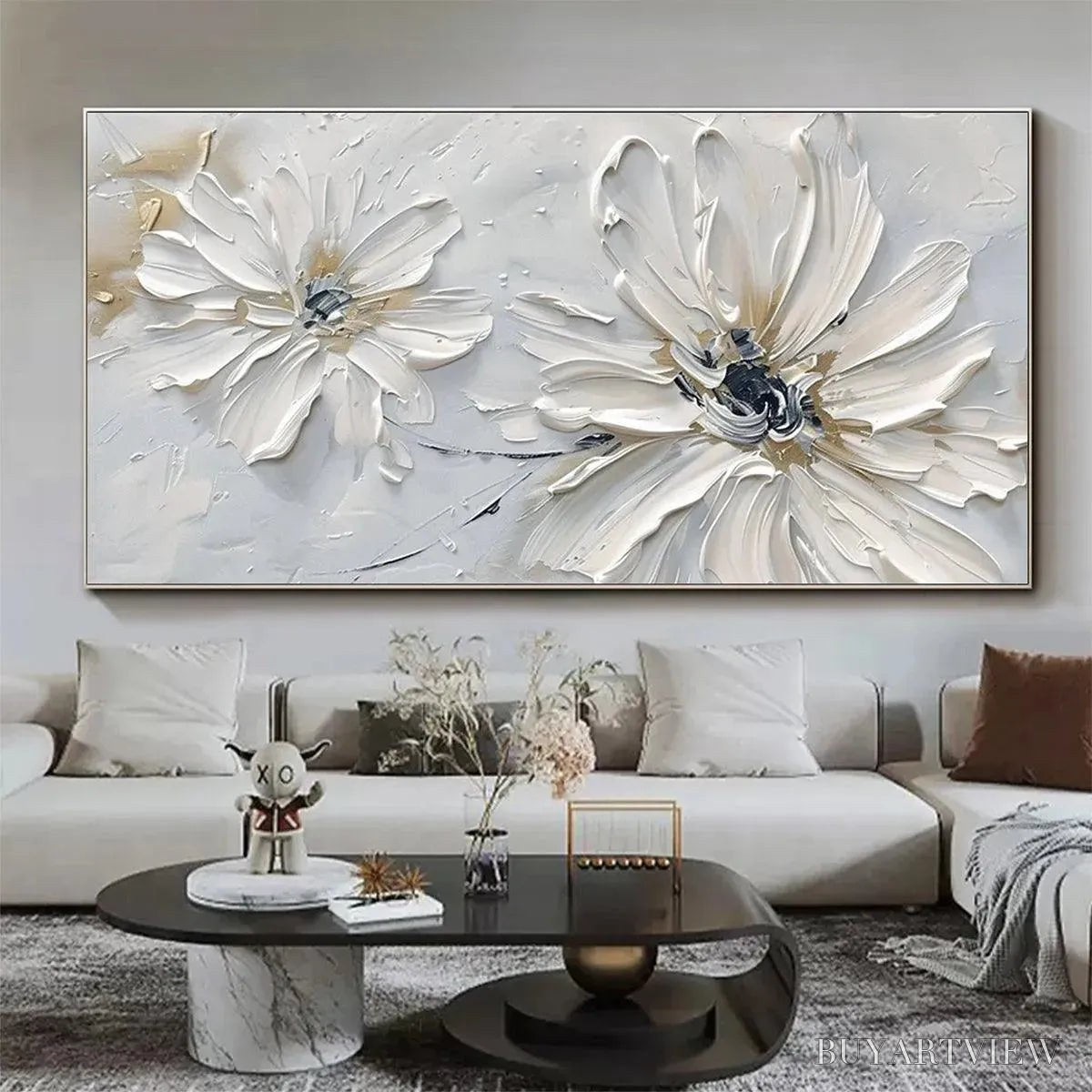 ARTOVITAS White Blossom Serenity – Textured White Floral Painting, Horizontal - image 6