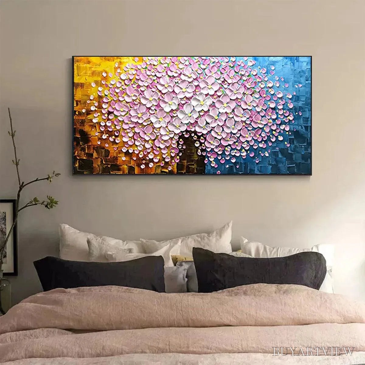 ARTOVITAS Pink Blossom Dream – Textured Floral Impasto Painting in Pink and White - image 2