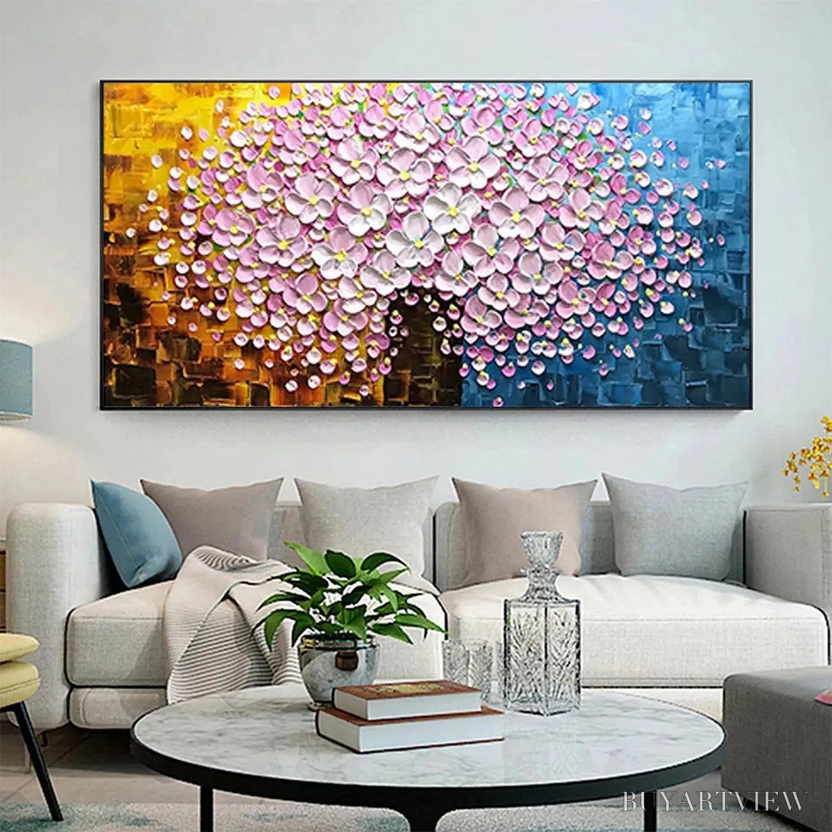 ARTOVITAS Pink Blossom Dream – Textured Floral Impasto Painting in Pink and White - image 4
