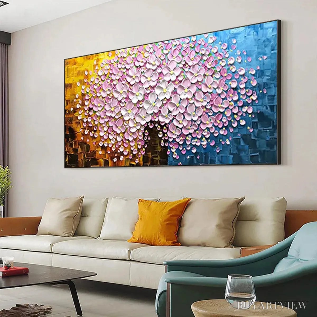 ARTOVITAS Pink Blossom Dream – Textured Floral Impasto Painting in Pink and White - image 6