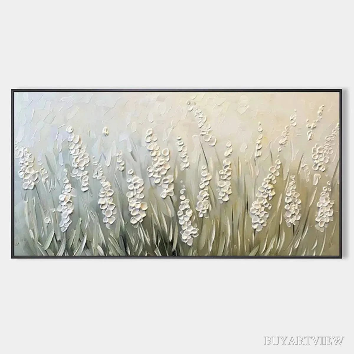 ARTOVITAS Textured Meadow – Textured Floral Landscape Painting in Green and White - image 1