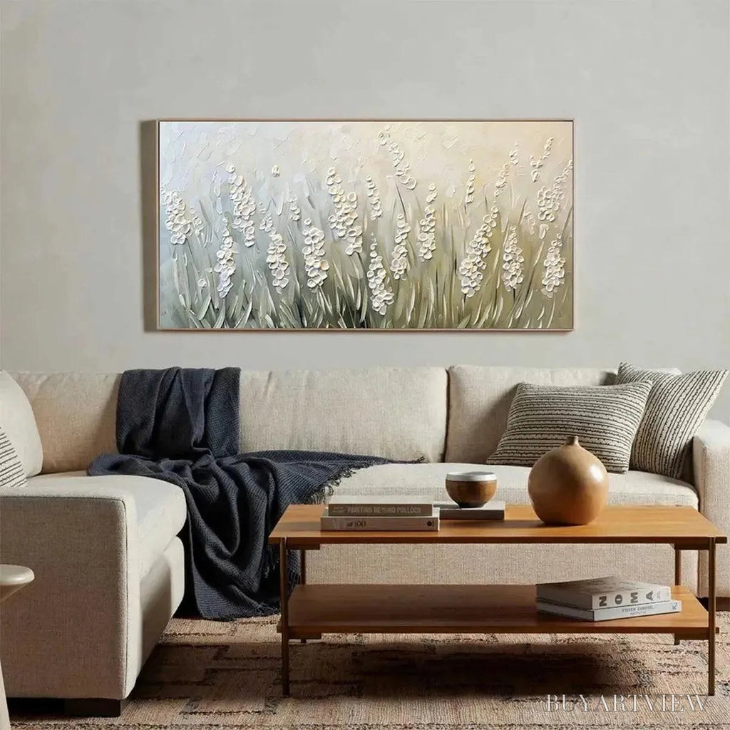 ARTOVITAS Textured Meadow – Textured Floral Landscape Painting in Green and White - image 4