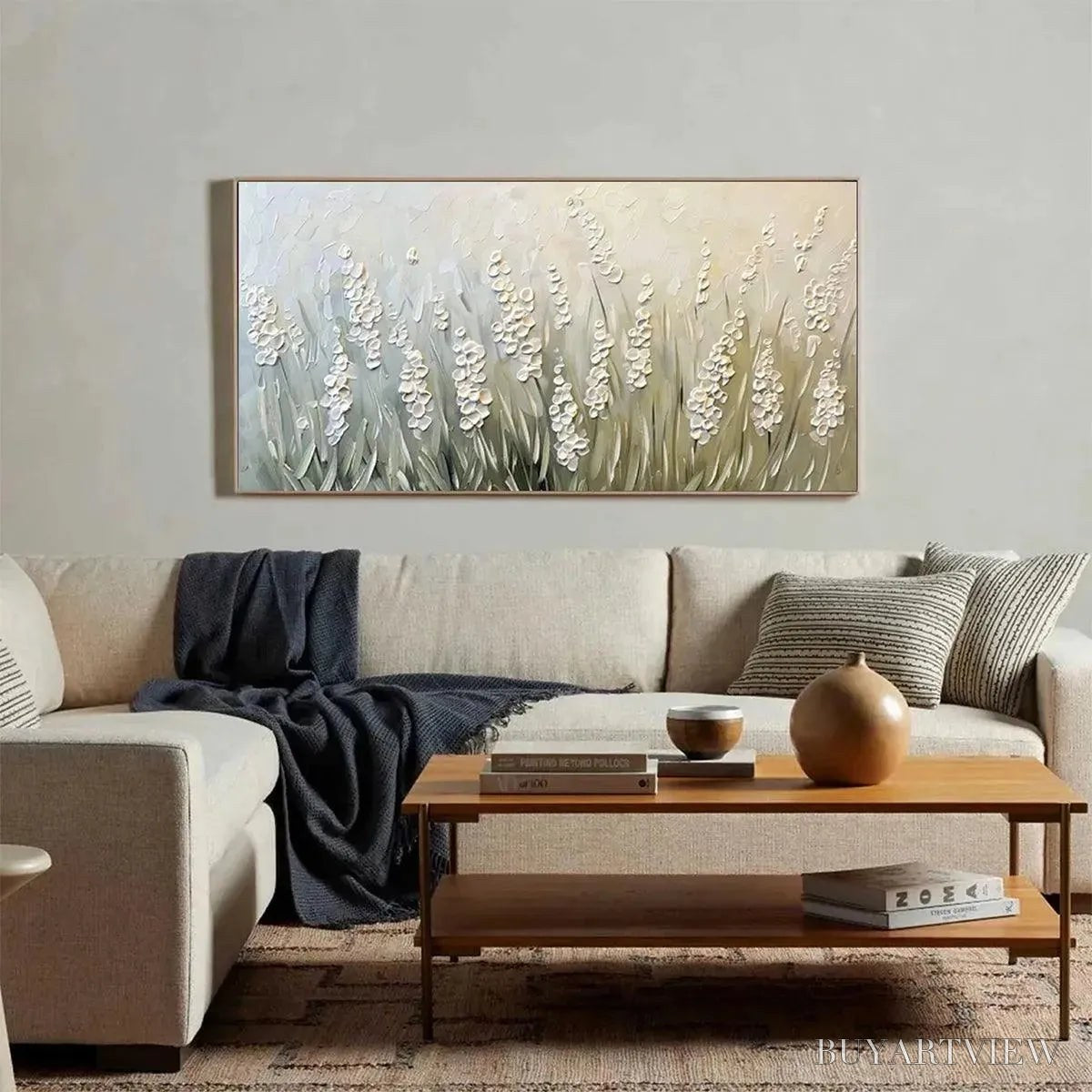 ARTOVITAS Textured Meadow – Textured Floral Landscape Painting in Green and White - image 4