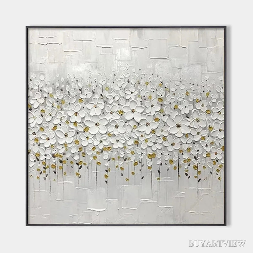 ARTOVITAS White Blossom Field – Textured White Floral Painting, Square - image 1