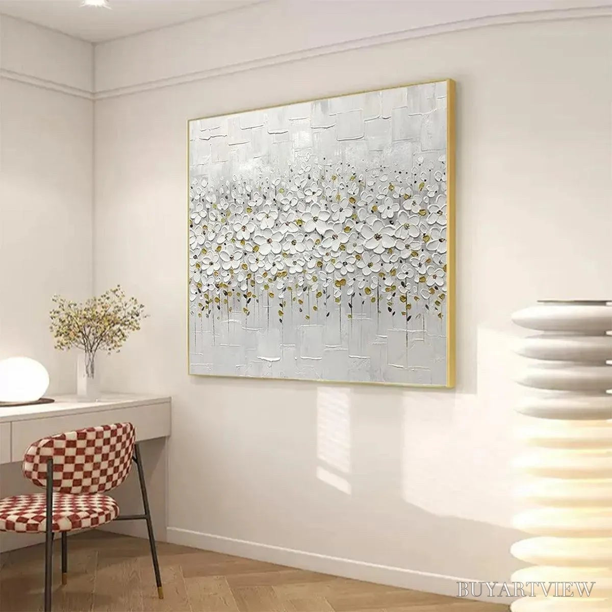 ARTOVITAS White Blossom Field – Textured White Floral Painting, Square - image 4