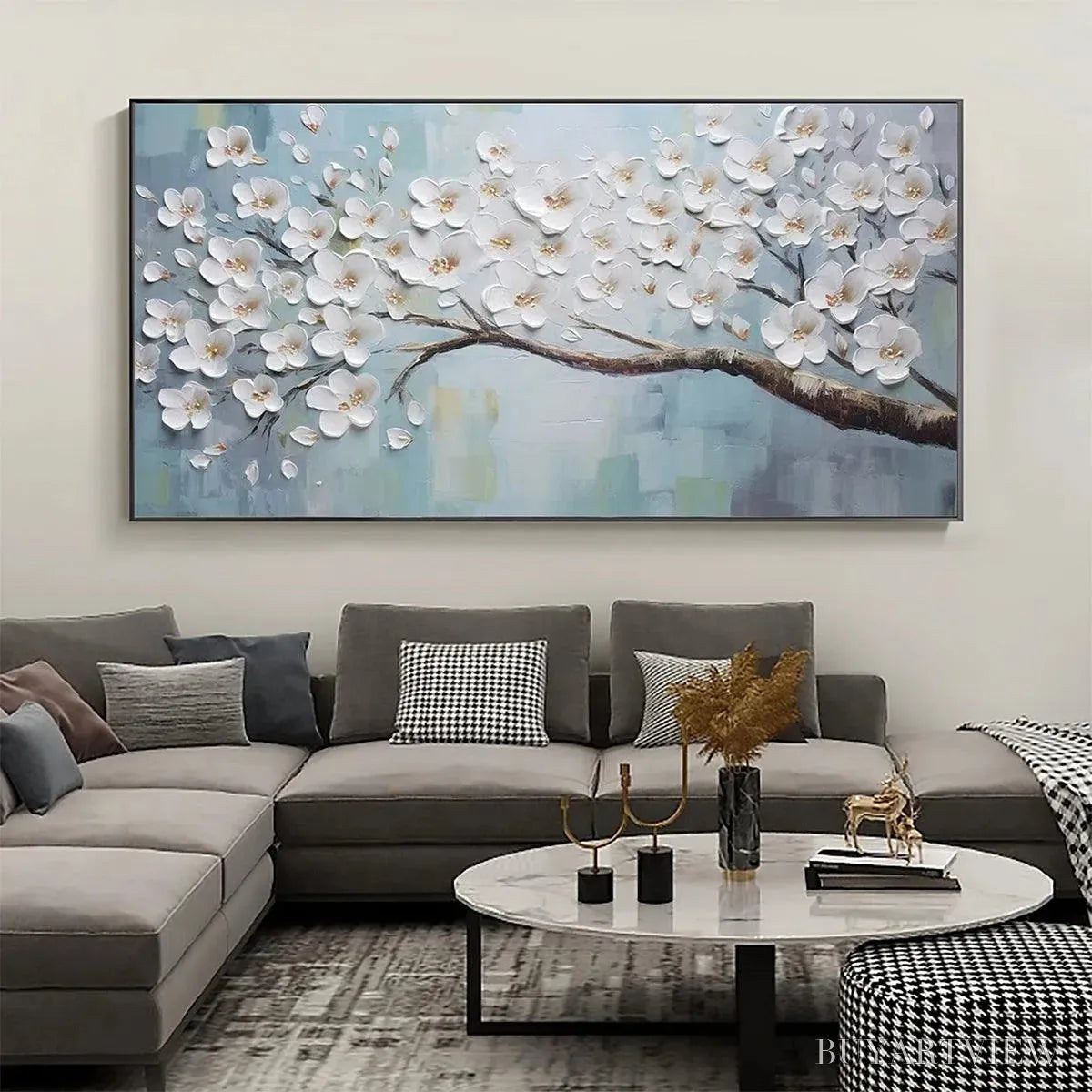 ARTOVITAS White Blossoms – Textured Floral Painting in White and Blue - image 2