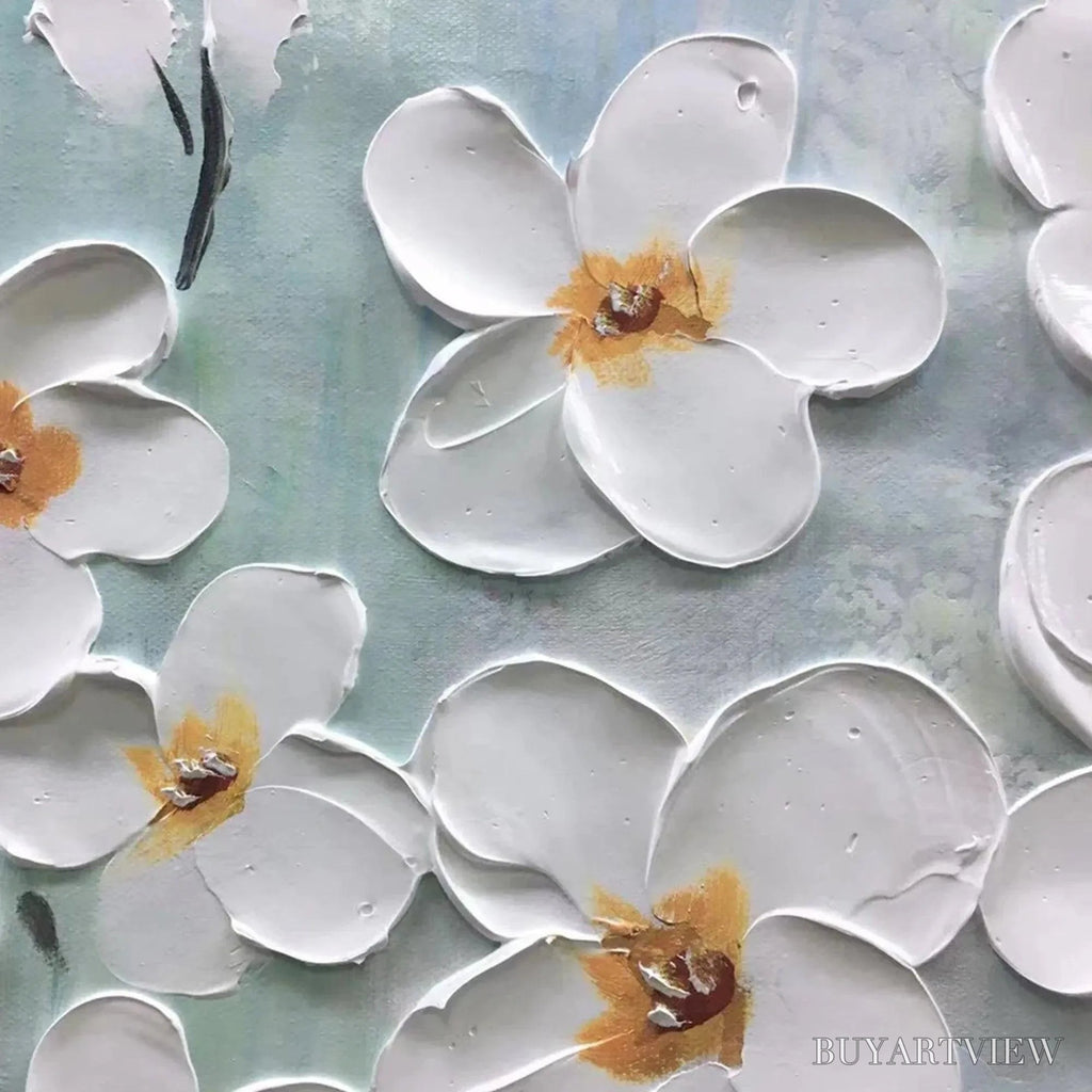 ARTOVITAS White Blossoms – Textured Floral Painting in White and Blue - image 3