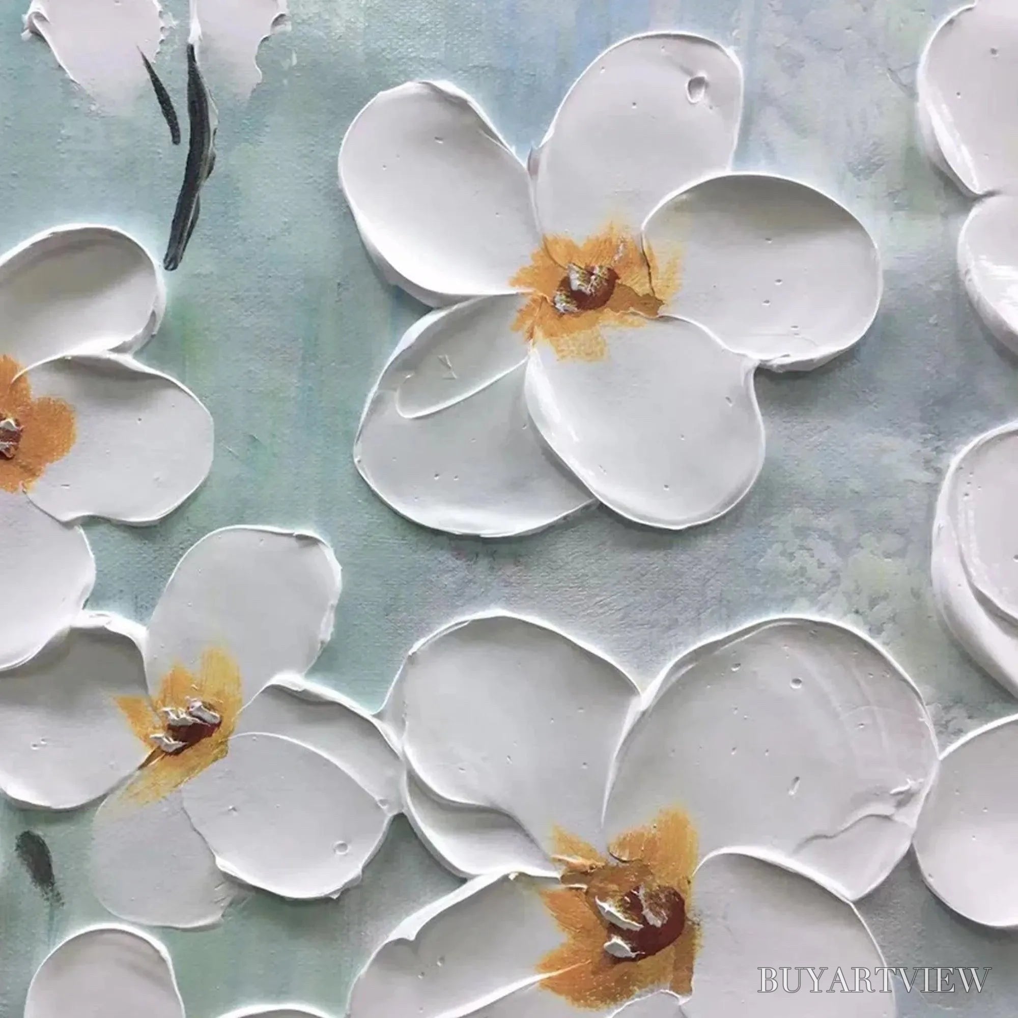ARTOVITAS White Blossoms – Textured Floral Painting in White and Blue - image 3