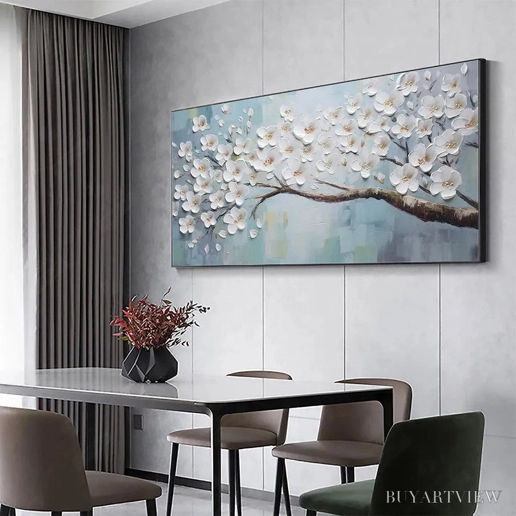 ARTOVITAS White Blossoms – Textured Floral Painting in White and Blue - image 4