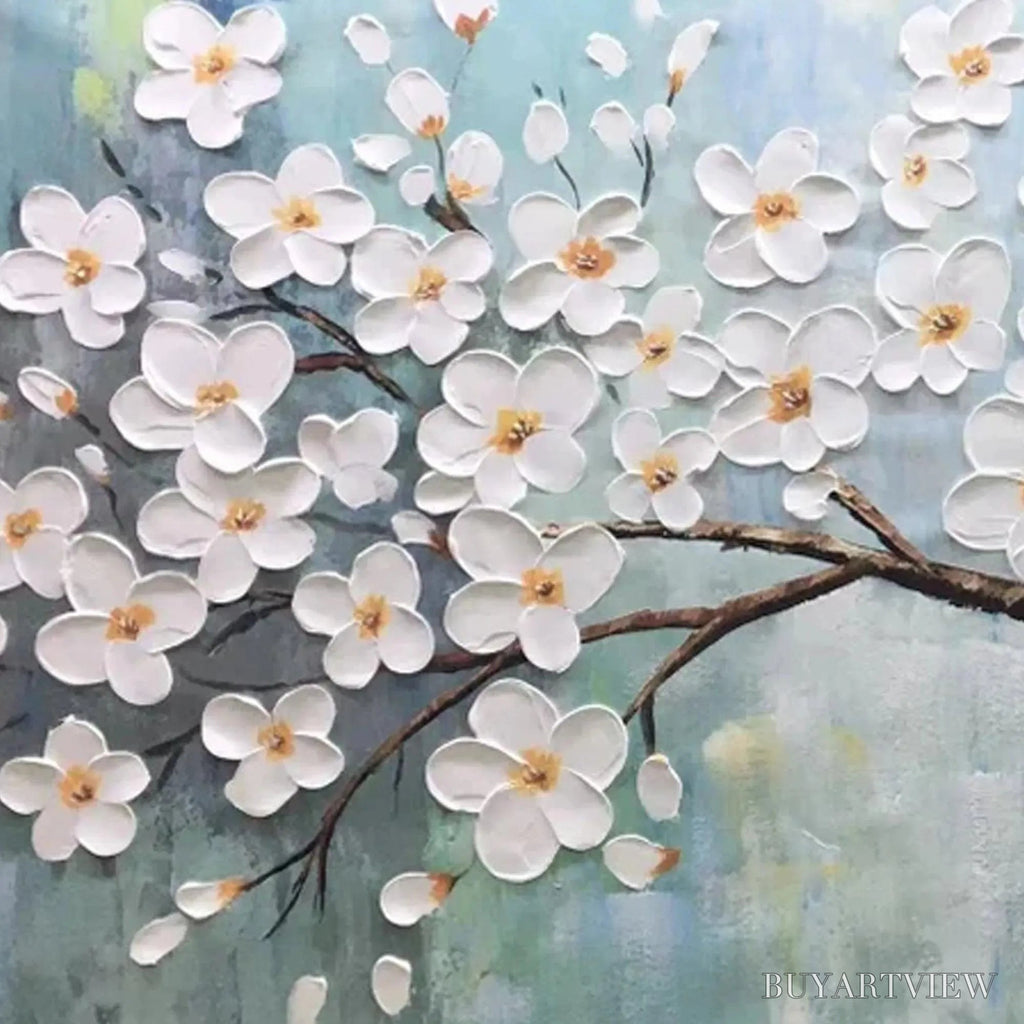 ARTOVITAS White Blossoms – Textured Floral Painting in White and Blue - image 5