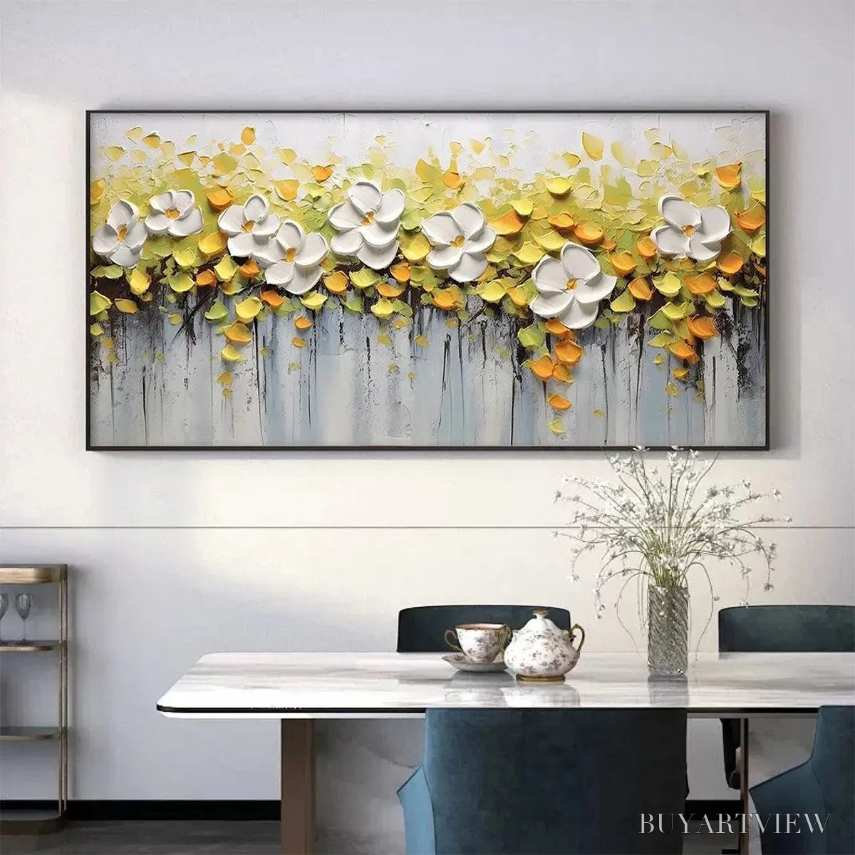 ARTOVITAS White Magnolias – Textured Floral Painting in White and Yellow - image 2