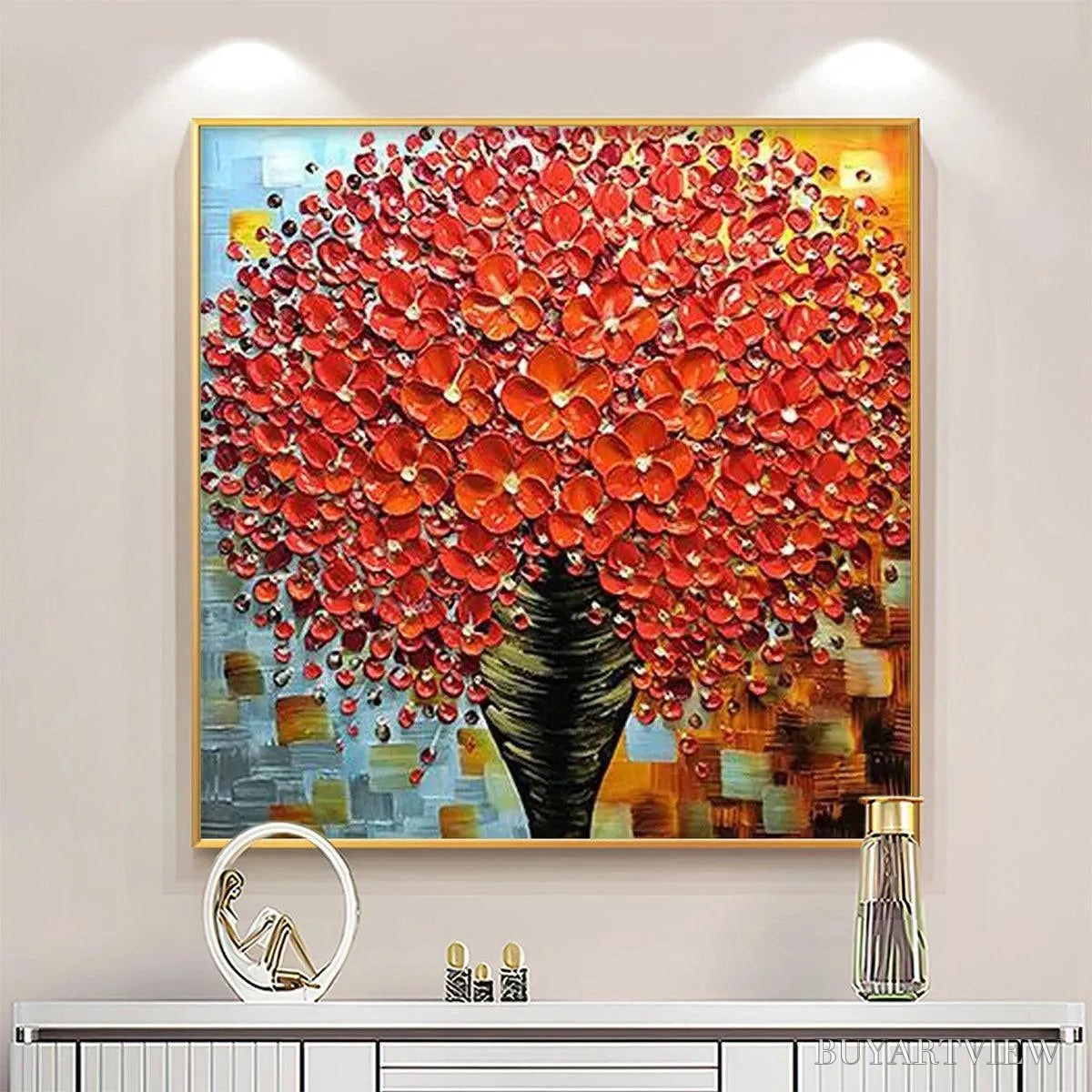 ARTOVITAS Crimson Bouquet – Textured Impasto Floral Painting in Red - image 2