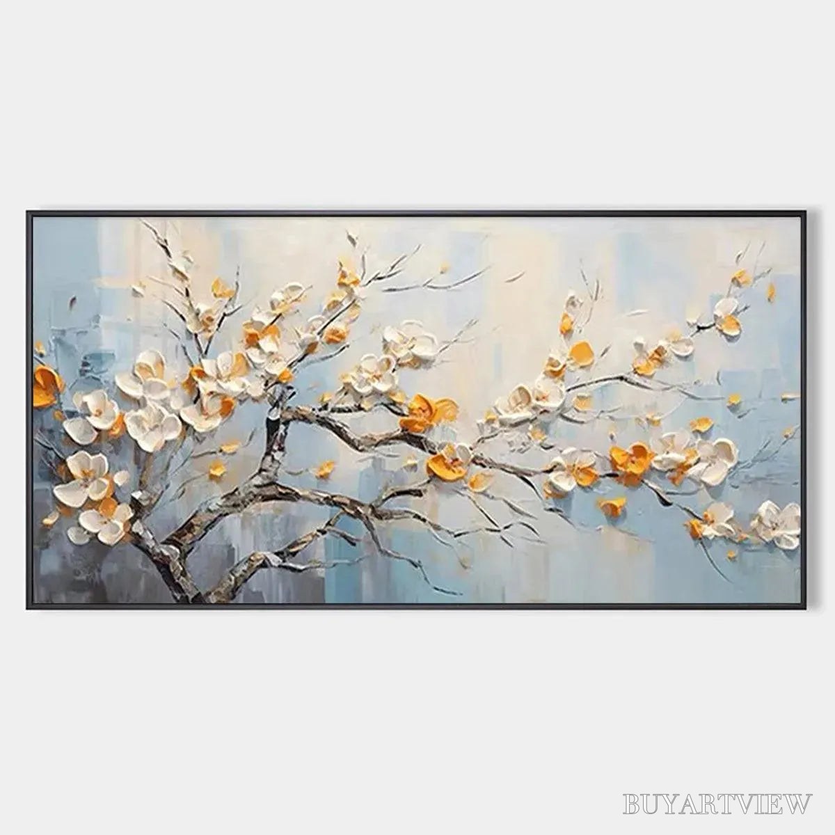 ARTOVITAS Spring Blossoms – Textured Floral Painting in White and Gold - image 1