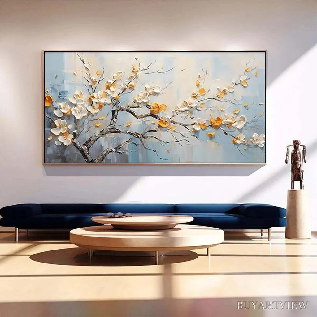 ARTOVITAS Spring Blossoms – Textured Floral Painting in White and Gold - image 2