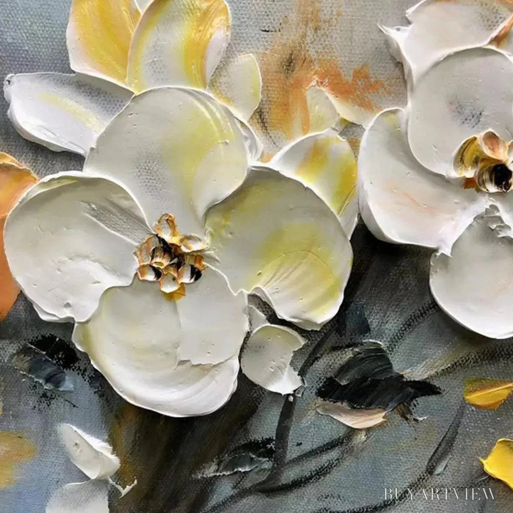 ARTOVITAS Spring Blossoms – Textured Floral Painting in White and Gold - image 3