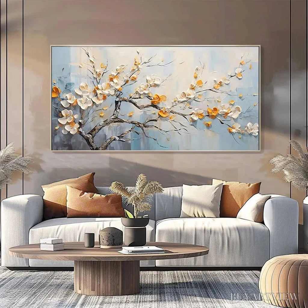 ARTOVITAS Spring Blossoms – Textured Floral Painting in White and Gold - image 4