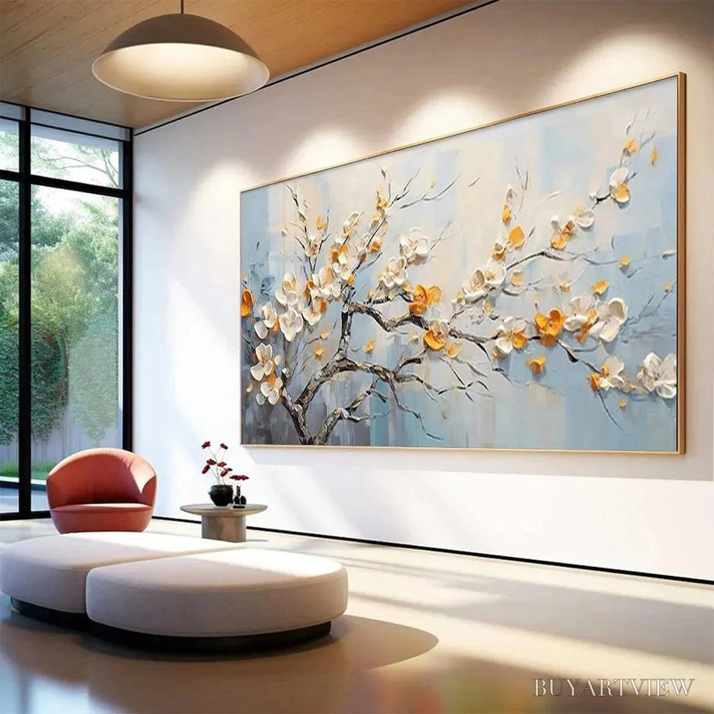 ARTOVITAS Spring Blossoms – Textured Floral Painting in White and Gold - image 5