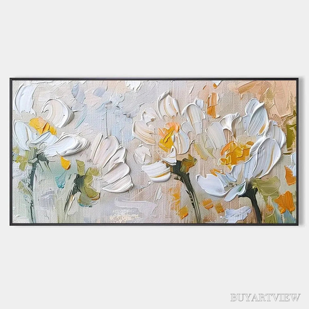 ARTOVITAS White Blossoms – Textured Impasto Floral Painting in White and Beige - image 1