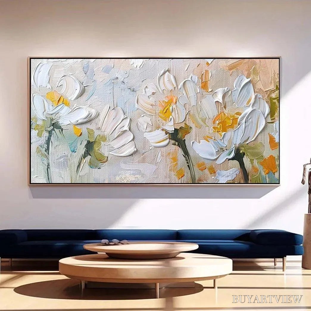 ARTOVITAS White Blossoms – Textured Impasto Floral Painting in White and Beige - image 2