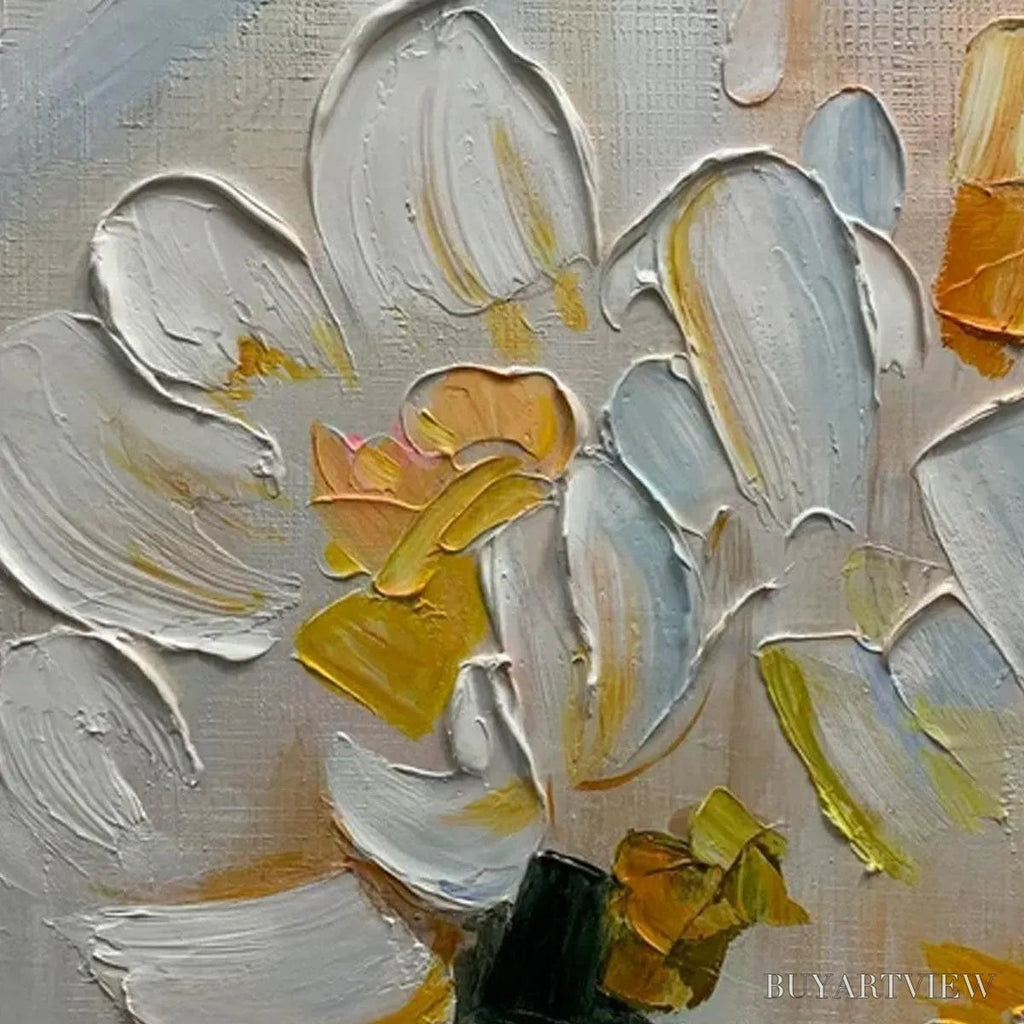 ARTOVITAS White Blossoms – Textured Impasto Floral Painting in White and Beige - image 3