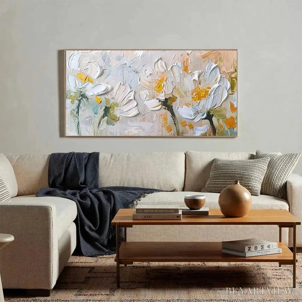 ARTOVITAS White Blossoms – Textured Impasto Floral Painting in White and Beige - image 4