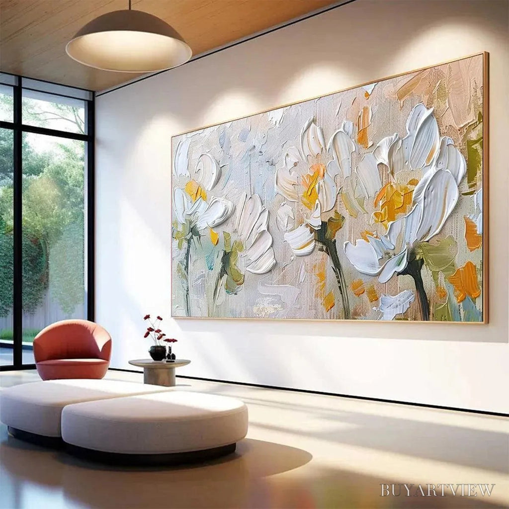 ARTOVITAS White Blossoms – Textured Impasto Floral Painting in White and Beige - image 6