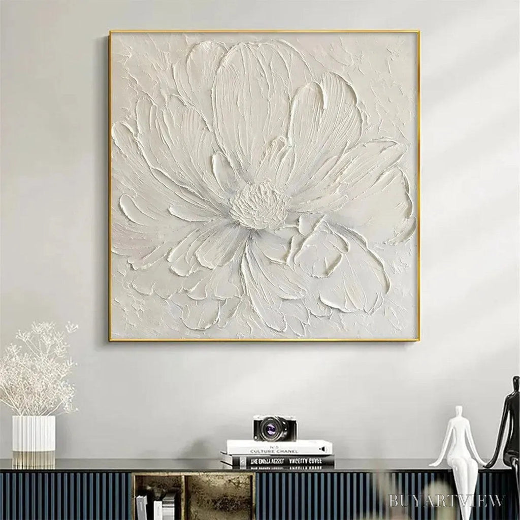 ARTOVITAS White Peony – Textured Minimalist Floral Painting in White - image 2