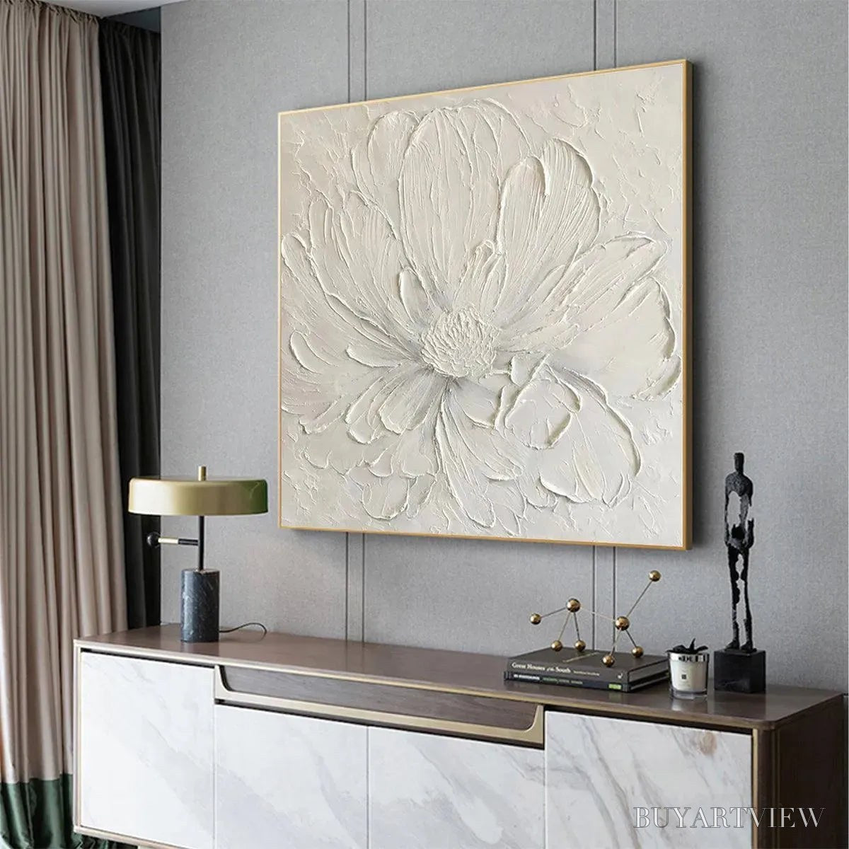 ARTOVITAS White Peony – Textured Minimalist Floral Painting in White - image 4