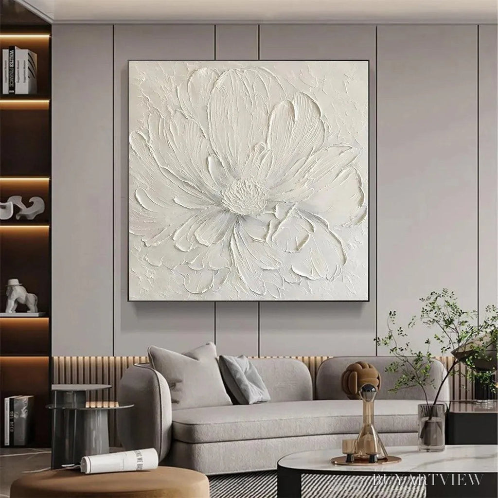 ARTOVITAS White Peony – Textured Minimalist Floral Painting in White - image 6