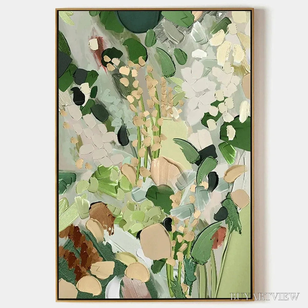 ARTOVITAS Whispering Meadow – Textured Abstract Floral Painting in Green and Gold - image 1