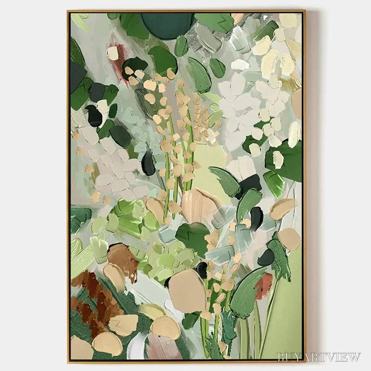 ARTOVITAS Whispering Meadow – Textured Abstract Floral Painting in Green and Gold - image 1