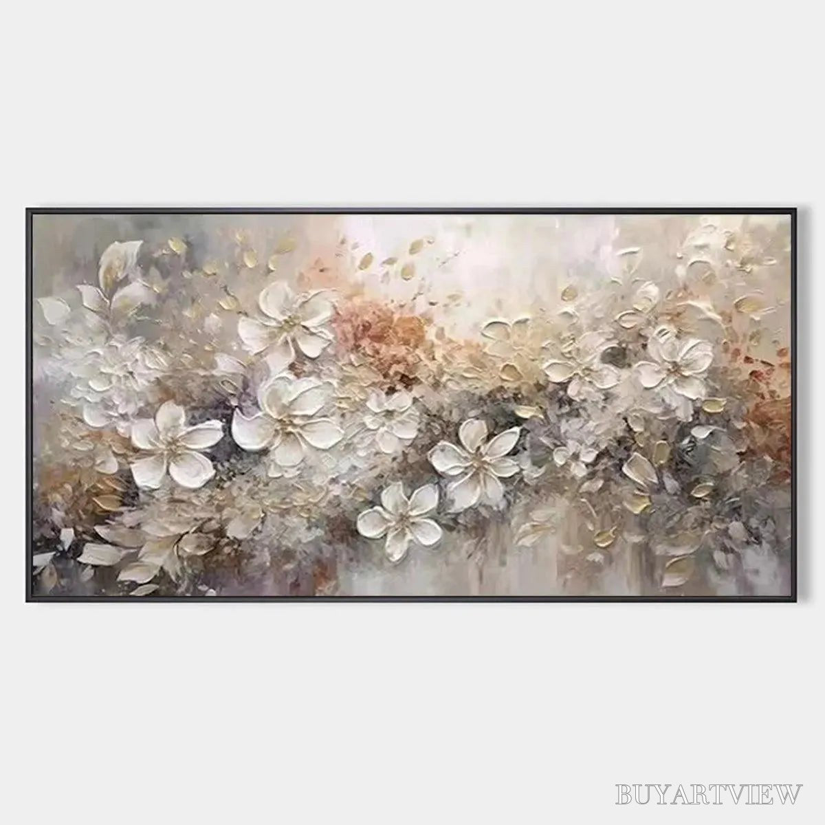 ARTOVITAS Whispering Blossoms – Textured Beige and White Floral Impasto Painting - image 1