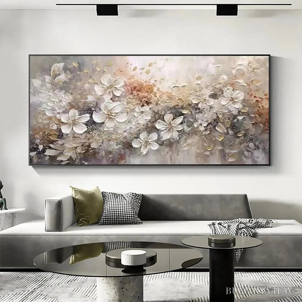 ARTOVITAS Whispering Blossoms – Textured Beige and White Floral Impasto Painting - image 2