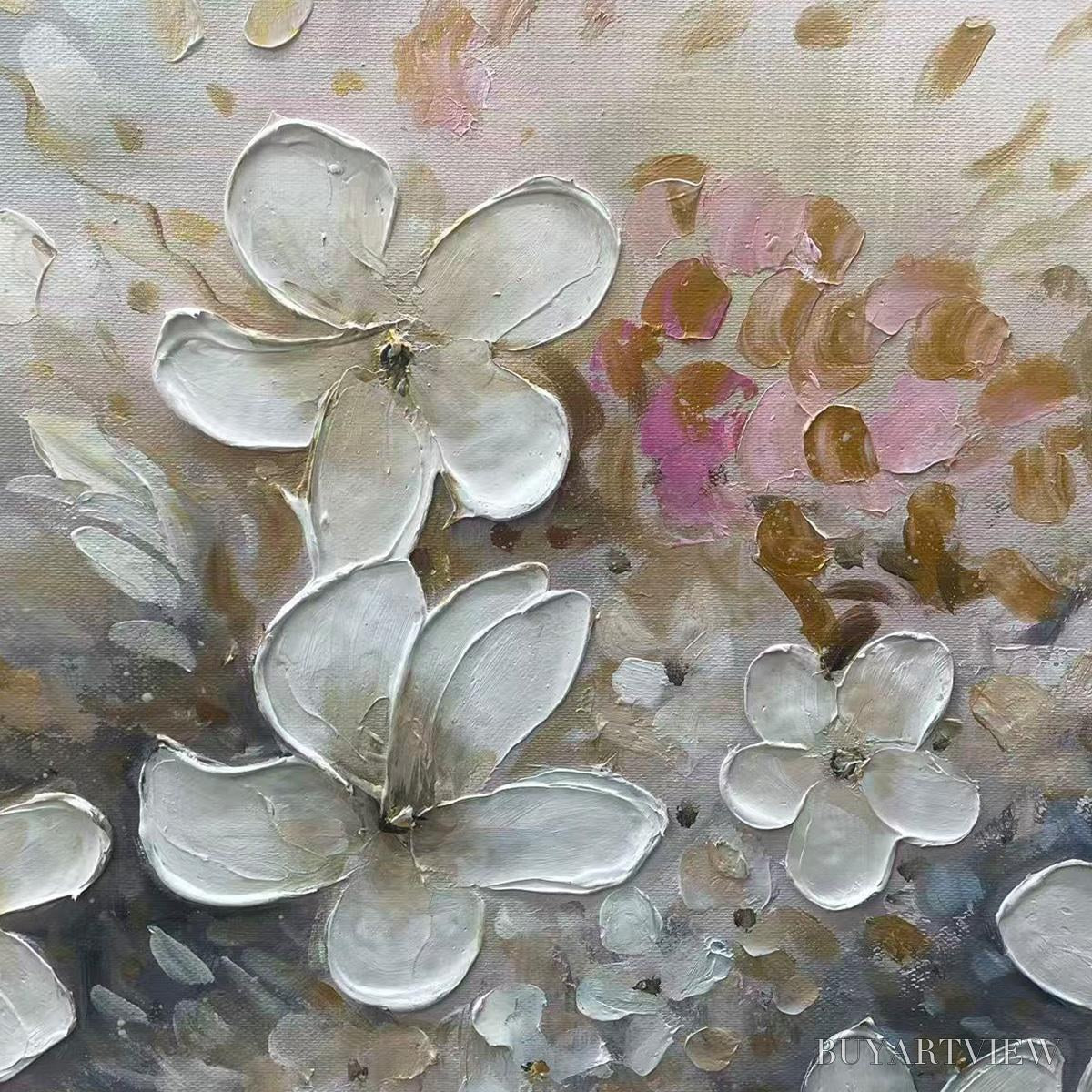 ARTOVITAS Whispering Blossoms – Textured Beige and White Floral Impasto Painting - image 3